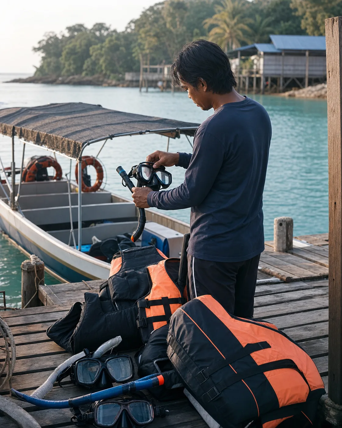 A local team reviewing trip details beside a coastal jetty.