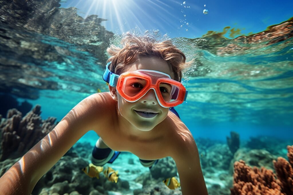 boy wearing goggles swims coral reef