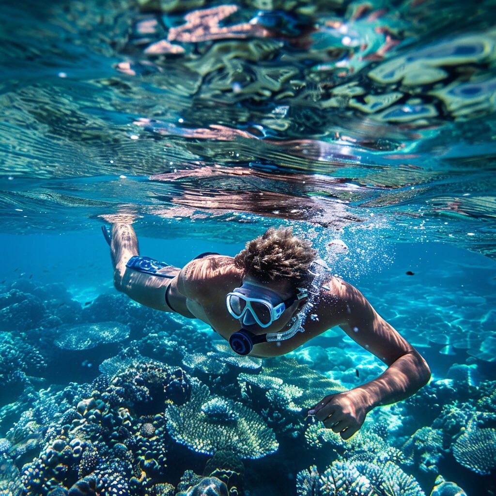 man swimming underwater with scuba diver water